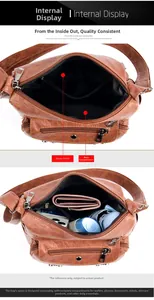 Detail view of large capacity brown leather crossbody bag with multiple compartments
