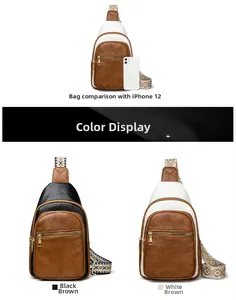Size comparison of retro PU leather chest bag with iPhone 12 in black and white colors