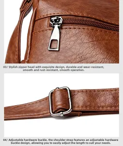 Detail of silver metal zipper and adjustable buckle on brown pebbled leather bag