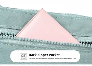 Detail der mintgrünen Nylontasche mit hinterem Reißverschlussfach und Kartenhalter