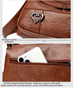 Detail of heart-shaped hardware and back zipper pocket on brown leather crossbody bag