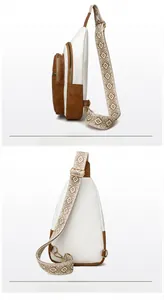Detail view of the multi-compartment crossbody bag with patterned woven shoulder strap
