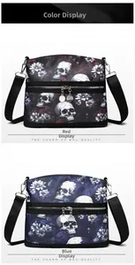 Detail view of red and blue crossbody bags with skull and floral graffiti patterns