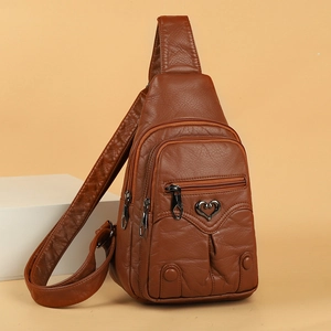 Vintage Soft PU Leather Chest Bag For Women Heart Shaped Metal Buckle Multi Pocket Large Capacity Crossbody Sling Bag Trendy