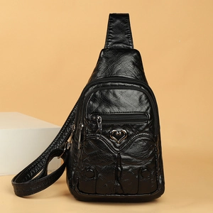 Retro black PU leather crossbody chest bag with heart metal buckle and multi-zipper pockets