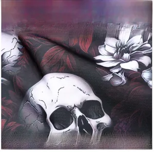 Macro detail of gothic skull and floral print on textured polyester shoulder bag fabric