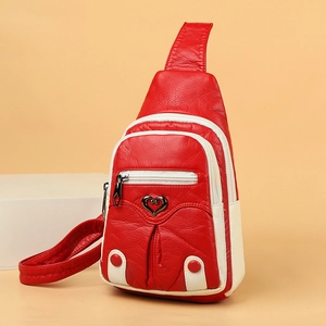 Red and white patchwork PU leather chest bag with heart logo and multiple zipper pockets