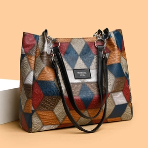 Women Patchwork Tote Bag Large Capacity Textured PU Leather Handbag Geometric Pattern Shoulder Bag Trendy Office Casual
