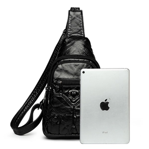 Retro black PU leather chest bag with heart metal buckle and multi-zipper pockets