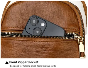 Front zipper pocket of a textured brown crossbody bag showing storage for a smartphone