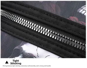 Detail of sturdy black stitching and silver metal zipper on the skull print shoulder bag