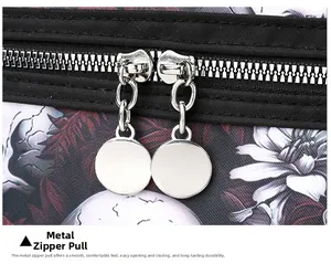 Detail of smooth silver dual metal zippers on a skull print shoulder bag fabric