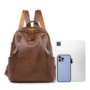 Vintage brown PU leather backpack for women with textured surface and side pockets