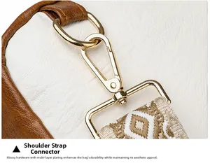Detail of crossbody bag gold hardware and geometric jacquard shoulder strap attachment