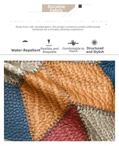 Detail of color-block lychee grain PU leather with zigzag stitching and pebble texture