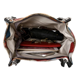 Large capacity color-block tote bag interior showing spacious storage for daily items