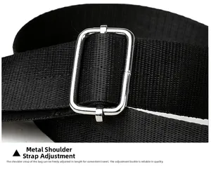 Detail of adjustable black nylon strap with silver metal buckle for shoulder bag