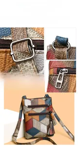Detailed macro shots of multi-color patchwork bag showing zippers, hooks and tassels