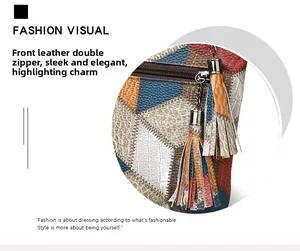Detailed shot of multicolor patchwork PU leather bag with front dual zipper and tassels