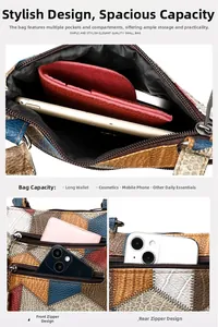 Close-up of retro multi-pocket PU leather crossbody bag with patchwork detail and inner space