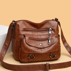 Women Retro PU Leather Crossbody Bag Multi Pocket Heart Decor Adjustable Strap Shoulder Bag Simple Casual Fashion