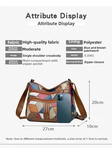 Detailed size comparison of multi-color paneled crossbody bag with a smartphone
