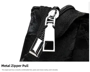 Detail of silver metal zipper puller on durable black textured tote bag material