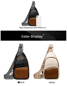 Size comparison of stylish crossbody sling bag with iPhone 12 in black and white colors