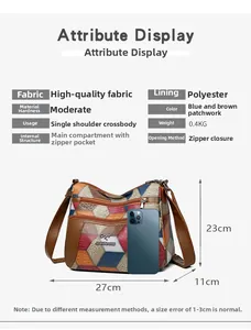 Dettaglio borsa a tracolla patchwork color-block con telefono per riferimento misure