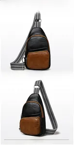 Front and side views of a vintage two-tone crossbody bag with black and brown leather