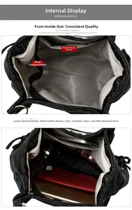 Detail view of large capacity black tote bag with pleated texture and internal storage