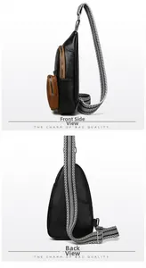 Detail view of the side and back of a multi-layer black leather crossbody bag with brown accents