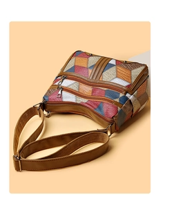 Detail view of colorful patchwork crossbody bag with multiple zip pockets and adjustable strap
