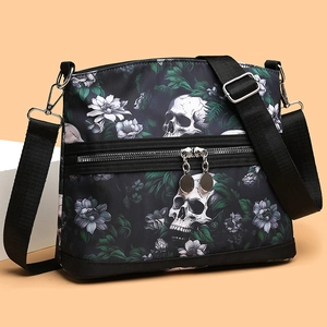 Women Shoulder Bag Oxford Cloth Skull Floral Print Crossbody Gothic Punk Style Large Capacity Waterproof Casual Commuter
