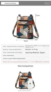 Detail of color patchwork crossbody bag with dimensions 16x22x3cm and tassel ornament