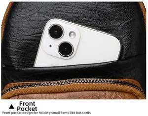 Detailed view of the front pocket of a crossbody bag with a smartphone inside