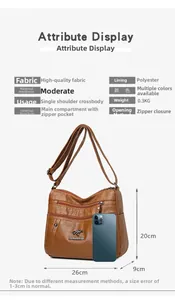 Close-up of brown PU leather shoulder bag showing 26x20x9cm size details and metal logo