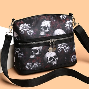 Skull and red floral print crossbody bag with high-density fabric and metal zippers