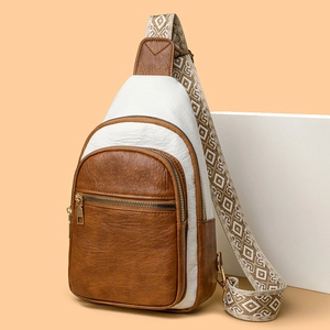 Retro multi-layer crossbody bag in brown and white leather with ethnic embroidered strap