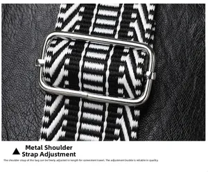 Detail of adjustable metal buckle and geometric woven strap on black leather bag