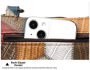 Close-up of functional rear zipper pocket on multi-color patchwork PU leather shoulder bag