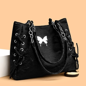 Women PU Leather Large Capacity Tote Bag Pleated Texture Metal Butterfly Decor Bowknot Drawstring Chain Shoulder Bag