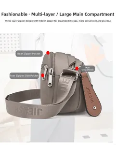 Detailed view of casual crossbody bag with triple zipper layers and jacquard strap
