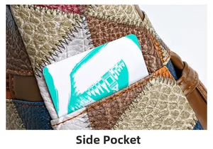 Macro detail of side pocket on genuine leather patchwork bag with litchi texture