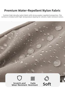 Close-up of waterproof Oxford fabric with water droplets on the brown-grey nylon bag