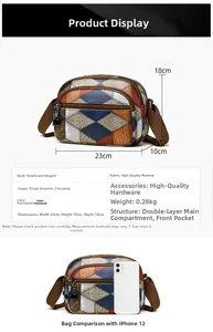 Detailed size specifications and multi-pocket layout of vintage colorblock shoulder bag