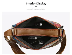 Detail view of large capacity multi-pocket interior with contrast stitching and zippers