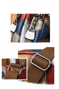 Detail of color-block leather bag with lychee texture and silver-tone metal hardware