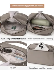 Detail view of multi-pocket nylon crossbody bag showing internal storage and compartments