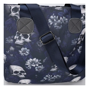 Detail of waterproof skull and floral print fabric with adjustable nylon strap buckle